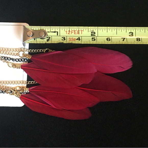 Burgundy Red Feather Long Dangle Earrings - Picture 7 of 8
